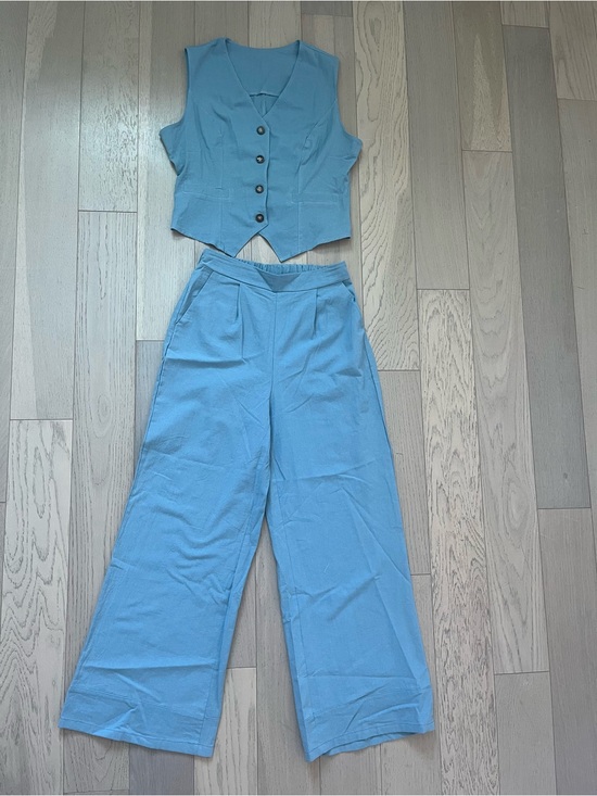 Pants - Light Blue Wide-Leg Pants with Matching Vest